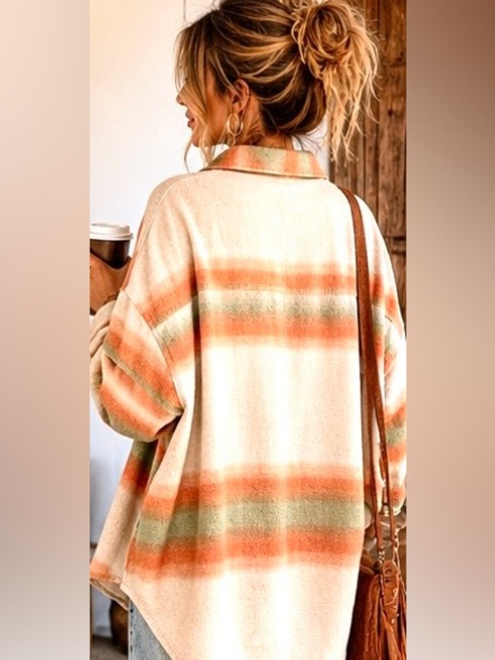 Free People Earth Tones Striped Ruby Soft Distressed Button Down Shacket Size L - Picture 5 of 10